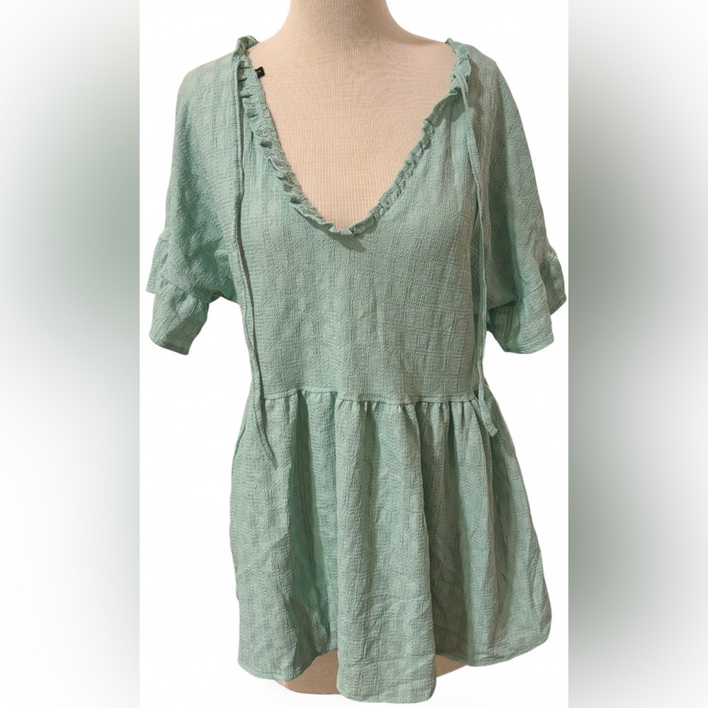 Mint Green Ruffle Blouse Women’s Small Tie Neck Chic Feminine Cottagecore Top